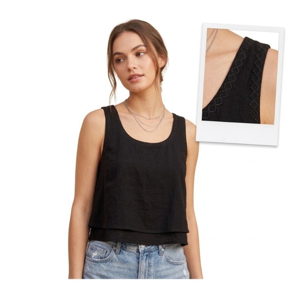 Tigerlily Revolve Embroidered Trim Cropped Tank Top Black Flowy Tiered Sleeveles